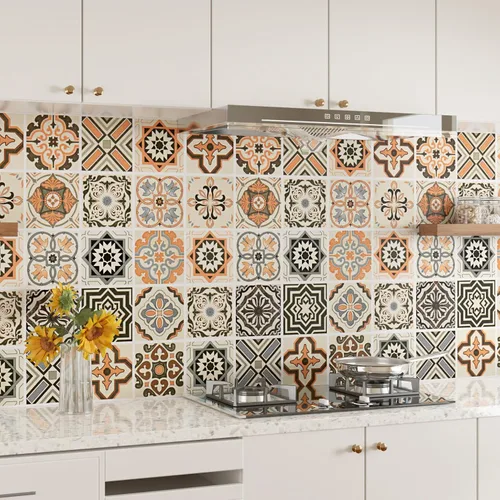 Miniatura 4 de Papel tapiz bohemio para cocina, impermeable, para despegar y pegar, papel de pared color naranja, autoadhesivo, azulejos geométricos, extraíble