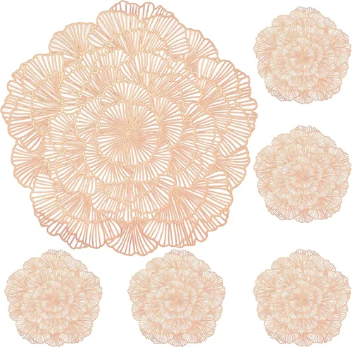Miniatura 9 de Juego de 4 manteles individuales redondos de vinilo metálico con diseño de flores de oro rosa, manteles individuales para mesa de comedor, cocina