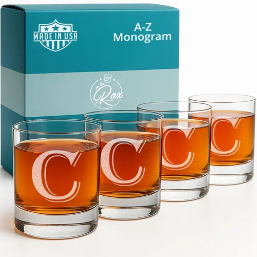 Miniatura 17 de On The Rox Drinks Juego de 4 vasos de vidrio grabados con monograma B, 11 onzas