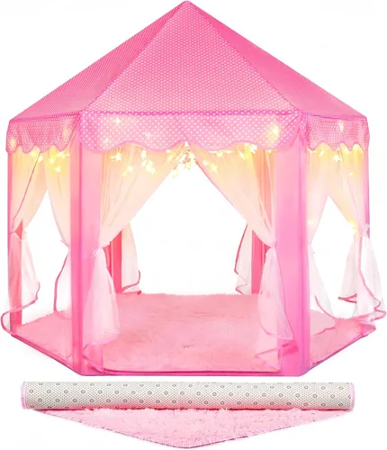 Tienda de campaña de princesa para niñas en interior: con alfombra, luces de estrella, tienda de campaña rosa para niños, juguetes para niñas para