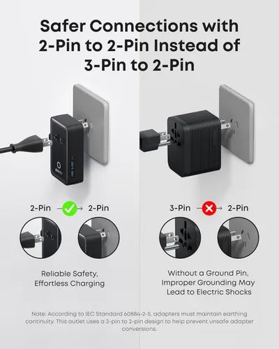 Miniatura 5 de Anker Adaptador de Viaje Nano, Adaptador de Corriente de 5 Puertos con 1 AC, 2 USB-A y 2 Puertos USB-C, Control Inteligente de Temperatura, Negro