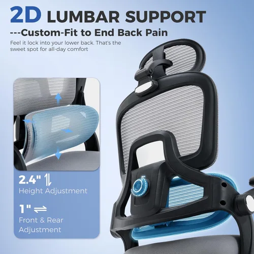 Miniatura 3 de Silla de oficina ergonómica, silla de escritorio de malla con soporte lumbar ajustable 2D, alivia el dolor de espalda durante largos días de trabajo