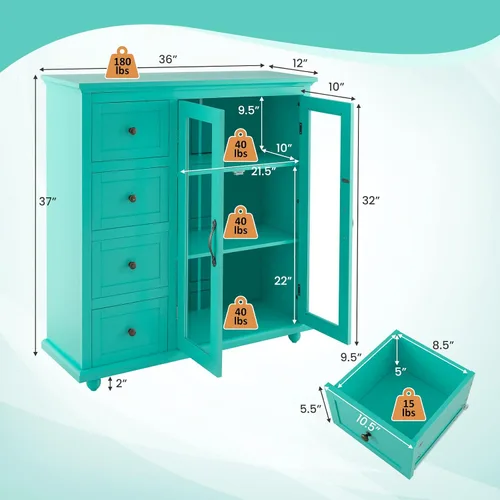 Miniatura 3 de LOKO Aparador de buffet, armario de almacenamiento de cocina, armario de 2 puertas con 4 cajones, estante ajustable y dispositivo antivuelco