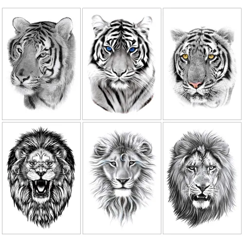 6 hojas de tatuaje temporal de león tigre negro, tatuaje de pierna y pecho para hombres y mujeres, diseños de animales salvajes arte corporal en la