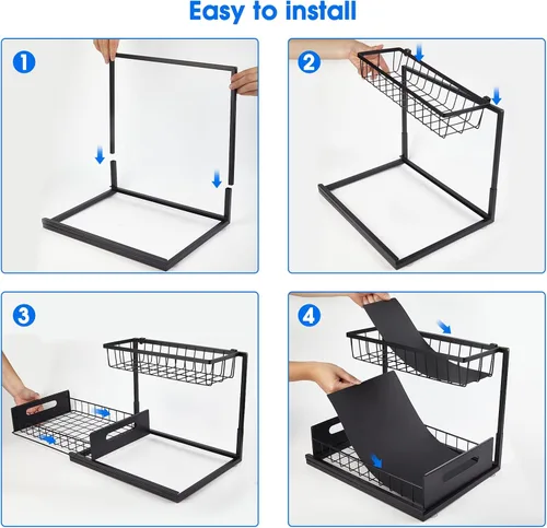 Miniatura 6 de Organizador para debajo del fregadero, estante de almacenamiento extraíble de 2 niveles, organizador de metal resistente al óxido para cocina, baño