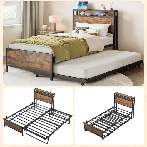 Miniatura 6 de IRONCK Sofá cama individual con nido, marco de cama de metal resistente con cabecera de almacenamiento y estación de carga, cama nido desplegable