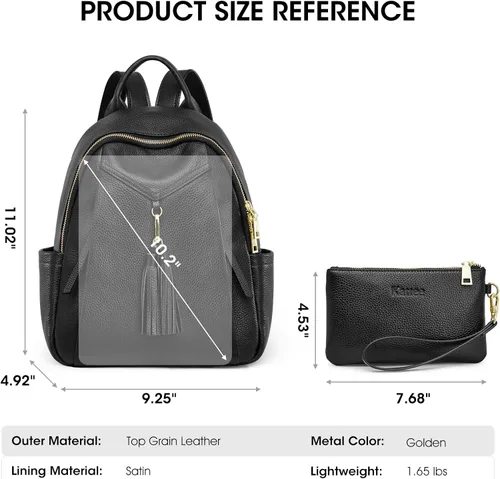 Miniatura 3 de Kattee Mochila de cuero genuino para mujer, suave, casual, bolsa de viaje de moda con cartera de muñeca, Negro