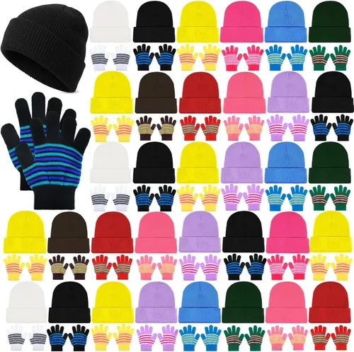 Miniatura 14 de Handepo 60 unidades de gorro y guantes de invierno para niños, sombreros de punto a granel, guantes cálidos unisex para clima frío, regalos