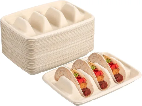 Cabilock 50 platos desechables para tacos con divisores de 8.85 x 6.41 x 1.69 pulgadas, resistentes soportes para tacos para fiestas, bandeja de