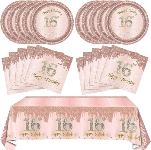 Miniatura 15 de 41 piezas de decoración de cumpleaños número 60 para mujeres, oro rosa, suministros de cumpleaños de sesenta años, platos, servilletas, mantel, 60