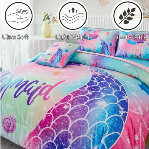 Miniatura 3 de RYNGHIPY Juego de ropa de cama tamaño matrimonial de sirena para niñas, colorido arco iris, juego de edredón con sábanas suaves y ligeras, 6 piezas