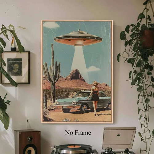 Miniatura 3 de Lienzo de paisaje del desierto para pared, póster de platillo volador, imagen retro de los años 70, estilo de los años 70, arte de pared vintage