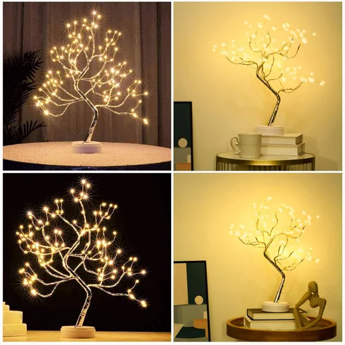 Miniatura 6 de PXBNIUYA Paquete de 2 decoración de habitación, 20 pulgadas, 108 luces LED de árbol bonsái de mesa, lámpara de árbol artificial para bricolaje