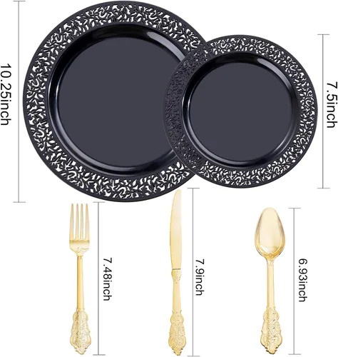 Miniatura 2 de U-QE 150 platos de plástico negro con cubiertos de plástico dorado, platos negros desechables para fiestas, incluyen 30 platos llanos de 10.25