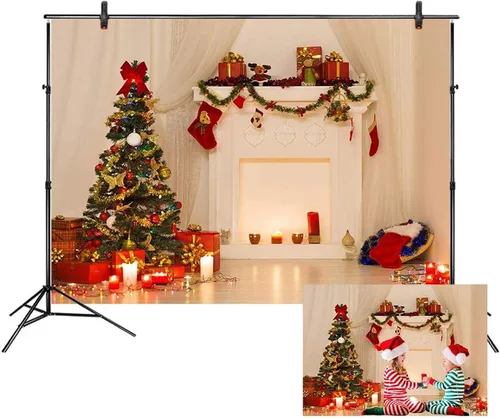 Miniatura 15 de LB Telones de fondo de chimenea de Navidad para fotografía de 5 x 3 pies, calcetines de árbol de Navidad, regalos de Año Nuevo, para niños