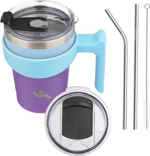 Miniatura 74 de Konokyo - Vaso de 10 onzas con asa y 2 popotes, 2 tapas, botella de agua aislada de acero inoxidable, taza de viaje reutilizable, color verde militar