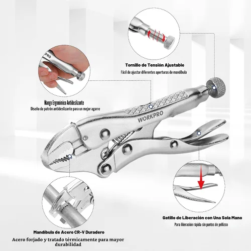 Miniatura 3 de WORKPRO Alicates de Bloqueo, Mini Alicates de Mordaza Curva de 4 pulgadas Vice Grips, Alicates de Bloqueo de Acero Cromo-Vanadio con Cortador