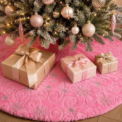 Miniatura 25 de Faldones de Felpa para Árbol de Navidad, 24 pulgadas, Lujosa Cubierta de Base de Árbol de Navidad de Piel Sintética Negra con Copos de Nieve Dorados