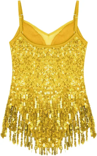 Miniatura 5 de Xnihocha Vestido de baile latino con borlas y lentejuelas brillantes para niñas y niñas, falda tutú, leotardo, moderno, disfraz de salón de jazz