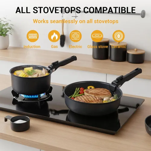 Miniatura 7 de Ammeloo Juego de 21 piezas de ollas y sartenes de cerámica antiadherentes con mangos desmontables y sartén para freír huevos, utensilios de cocina