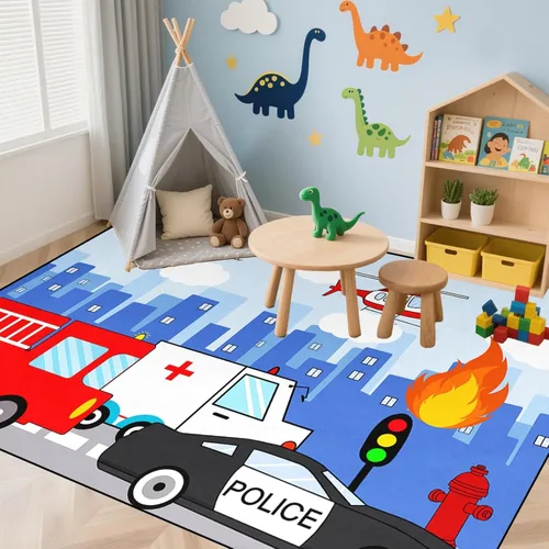 Miniatura 19 de Alfombras de construcción para habitación de niños de 2 x 3 pies, alfombra de juego para autos y camiones, alfombra de coche para niños, alfombra