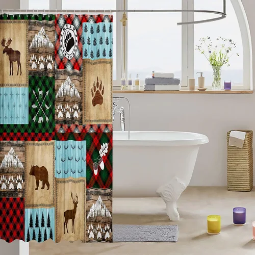 Miniatura 3 de Manfei Cortinas de ducha con diseño de oso de ciervo para niños, conos de pinos, cuernos de pata de animal, cortinas de baño impermeables con 12