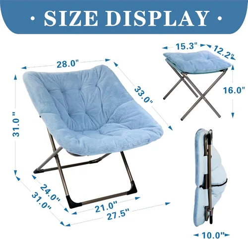 Miniatura 3 de Kokel Silla plegable de felpa y otomana acolchada con marco de metal para sala de estar (BLUE-TM19)