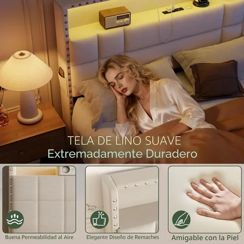 Miniatura 8 de Forestell Base de cama Queen con 4 cajones y cabecera de almacenamiento, base de cama tapizada tamaño Queen con luces LED y estación de carga, Beige