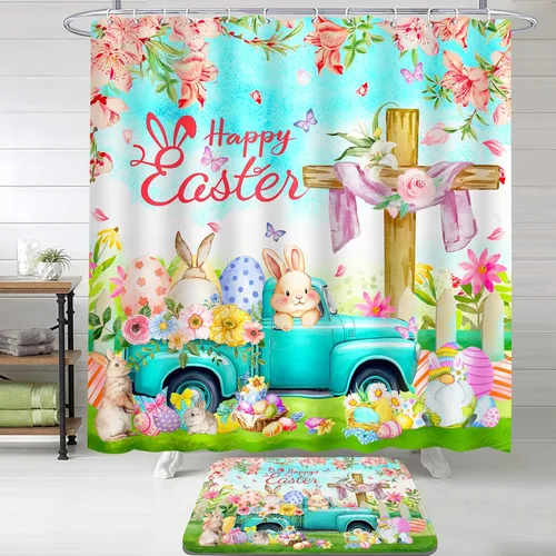Miniatura 2 de Lutto Cortina de ducha de Pascua, cortinas de ducha de primavera para baño, juego de baño de Pascua con flor de conejo para decoración de baño, 72 x