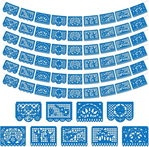 Paquete de 6 pancartas de papel picado azul para fiesta mexicana, boda, fiesta, día de los muertos, Cinco de Mayo, decoración de México, papel