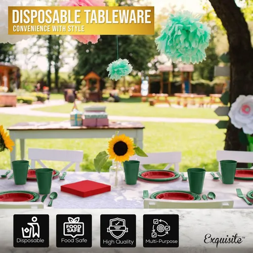 Miniatura 5 de Juego de 350 platos de plástico de Navidad para fiestas, juego de platos desechables rojos y verdes, 50 de cada juego de platos llanos de 9 Navidad