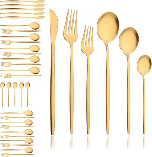 Miniatura 15 de JASHII Juego de cubiertos mate de 36 piezas con mango plano acabado satinado negro acero inoxidable cubiertos servicio para 6 para cocina casera
