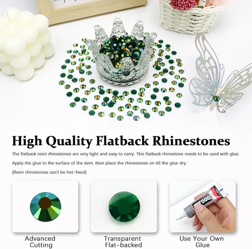 Miniatura 2 de 10000 diamantes de imitación de resina de 0.079 pulgadas con parte trasera plana, transparente verde oscuro AB con parte trasera plana