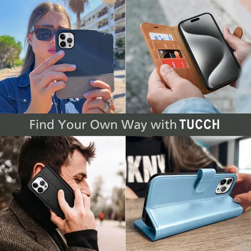 Miniatura 9 de Funda tipo billetera TUCCH para iPhone 15 Pro Max, con bloqueo RFID, con soporte para 4 tarjetas, a prueba de golpes, con interior de TPU, con funda
