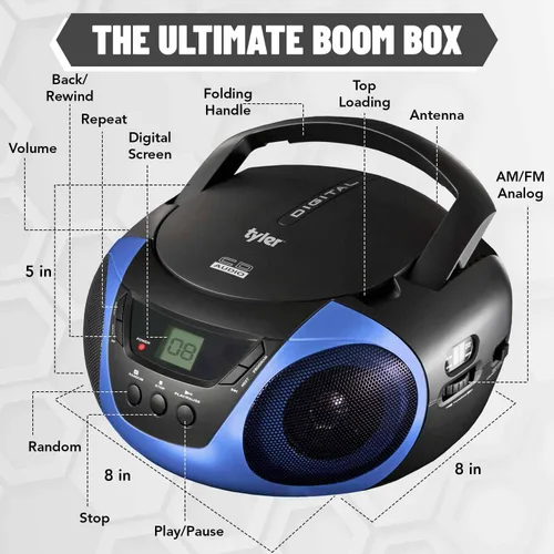 Miniatura 5 de Tyler - Reproductor de CD Boombox portátil, radio AM/FM Combo, reproductores de CD de Boom Box dinámicos para estéreo portátil