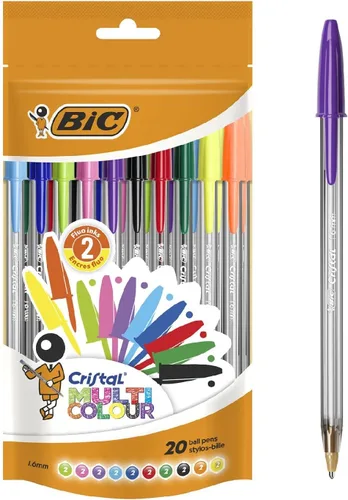 BIC Cristal Bolígrafos multicolor, varios colores, bolígrafos biro para todos los días con punta ancha (0.063 in), paquete de 20