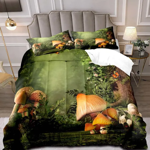Miniatura 13 de LUVIVIHOME Juego de edredón de 2 piezas de hongos trippy rojos, tamaño individual, ropa de cama para niños y niñas, plantas botánicas verdes