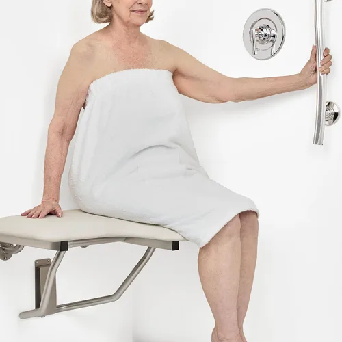 Miniatura 12 de Seachrome Asiento de ducha Lift-Assist, en forma de L, zurdo, ADA, montaje en pared, acolchado blanco naugahyde