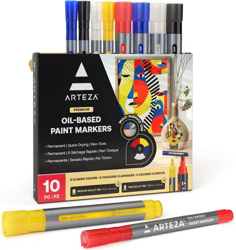 ARTEZA Marcadores de pintura a base de aceite, paquete de 10, 5 colores clásicos, línea de 2.5 y 0.051 in, marcador permanente con punta de bala,