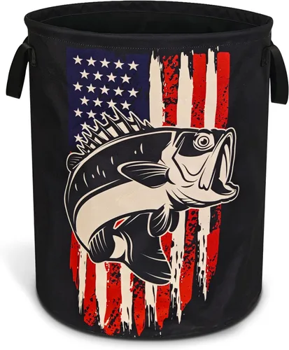 Cesta de lavandería con bandera americana y pez bass de NUTAINLA, pez bass de pesca plegable de tela Oxford, bolsa divertida de mano, cesta de