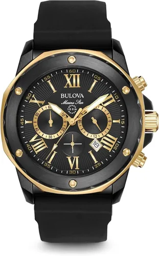 Bulova Reloj de cuarzo para hombre de la serie Marine Star, con iones plateados en negro y oro rosa, acero inoxidable, cronógrafo de 6 manos, correa