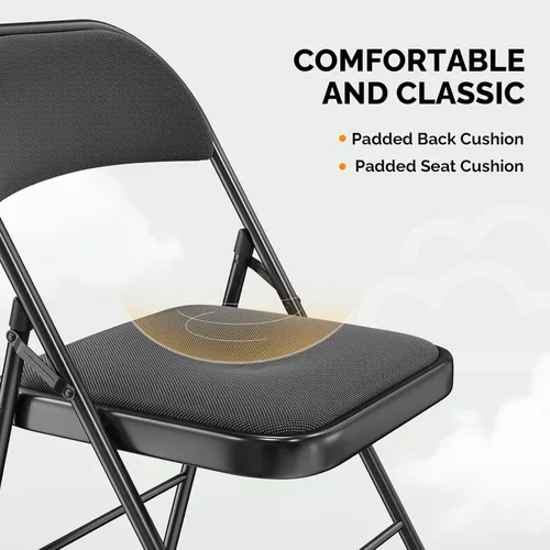 Miniatura 5 de VINGLI Paquete de 4 sillas plegables con asientos acolchados, marco de metal con asiento y respaldo de tela, capacidad de 350 libras, color negro