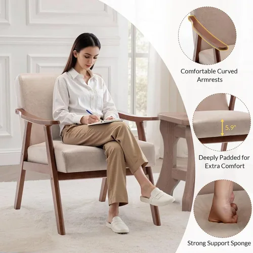 Miniatura 5 de Rovibek Silla decorativa tapizada con brazos, sillas decorativas modernas de mediados de siglo con marco de madera, sillas tapizadas con espuma