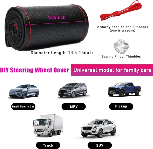 Miniatura 2 de Ziciner - Funda de cuero genuino para volante, transpirable, antideslizante, protector de volante para un diámetro máximo de 15 pulgadas, para coser