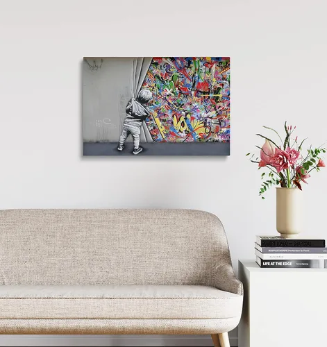 Miniatura 4 de MGSBCXN Arte de Pared en Lienzo Colorido Graffiti Banksy Póster Impresiones Un Niño Detrás de la Cortina Imagen Obra de Arte Abstracto Arte