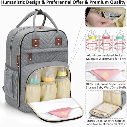 Miniatura 2 de Tenot Mochila de Pañales para Mujeres con Cambiador, Bolsa de Bebé con Bolsillos Aislados, Bolsas de Pañales Multifuncionales para Niña y Niño, Gris