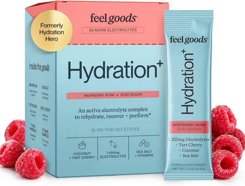 Miniatura 11 de Feel Goods Hydration+, electrolitos de 1,100 mg, paquetes sin azúcar, hidratación diaria, magnesio, cereza ácida orgánica, potasio, menos calambres
