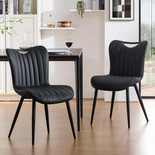 Juego de 2 sillas de comedor tapizadas de cuero, modernas sillas de comedor de cocina de mediados de siglo con patas de metal negro, sillas de