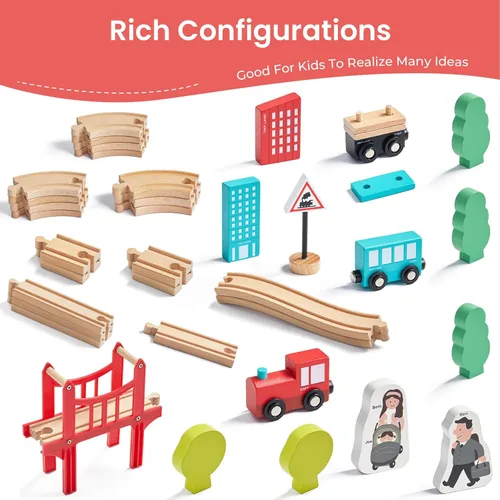 Miniatura 3 de Tiny Land Juego de tren de madera para niños pequeños, 39 piezas, con pistas de madera compatibles con las principales marcas, juguete de tren
