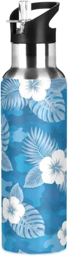 Stainless Steel Vacuum Insulated Water Bottle 20 Oz, Leakproof Water Bottles for Gym Outdoor Travel School, Flowers Tropical Leaves Blue